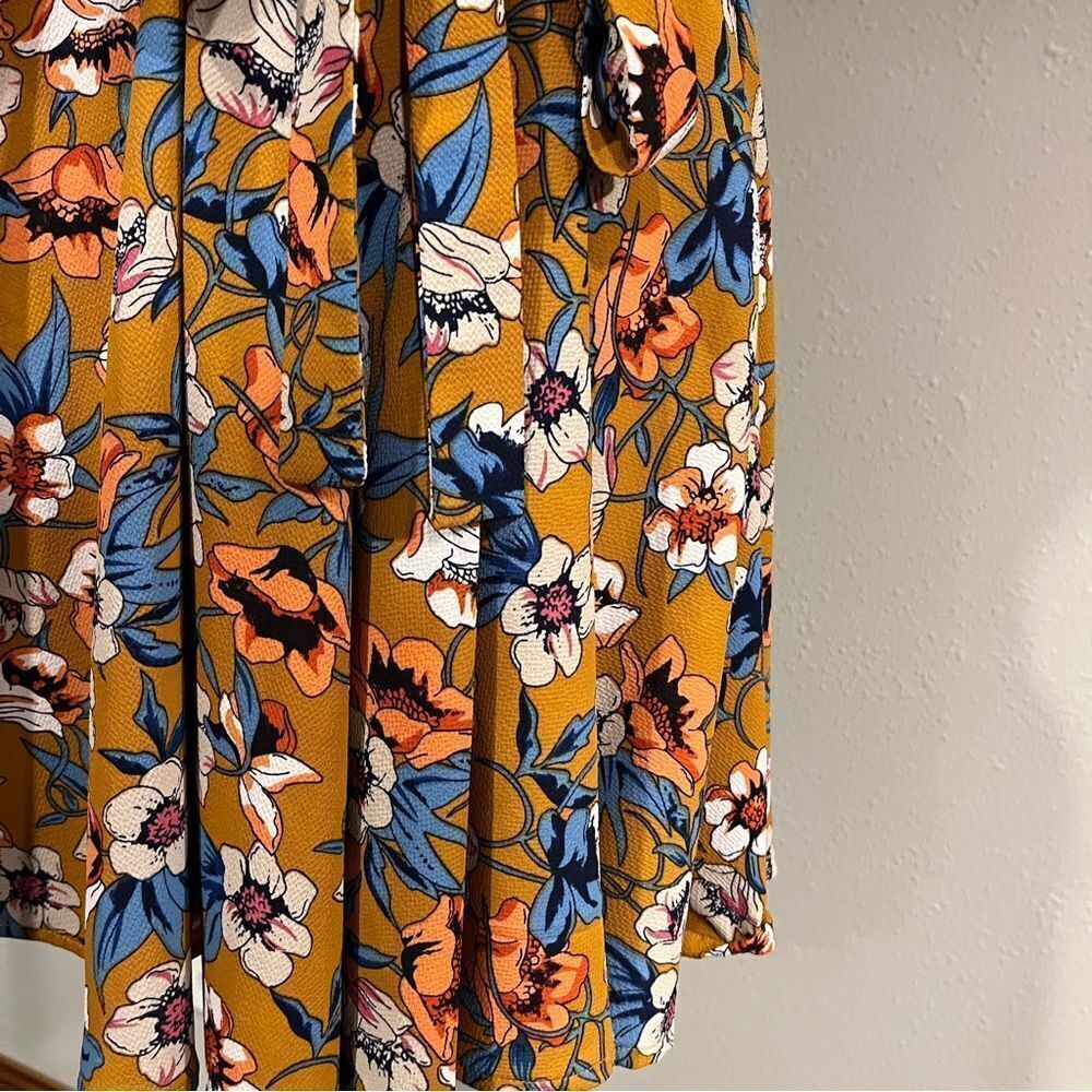 Mustard color Floral fake wrap mini Dress with straps size small - Picture 6 of 14